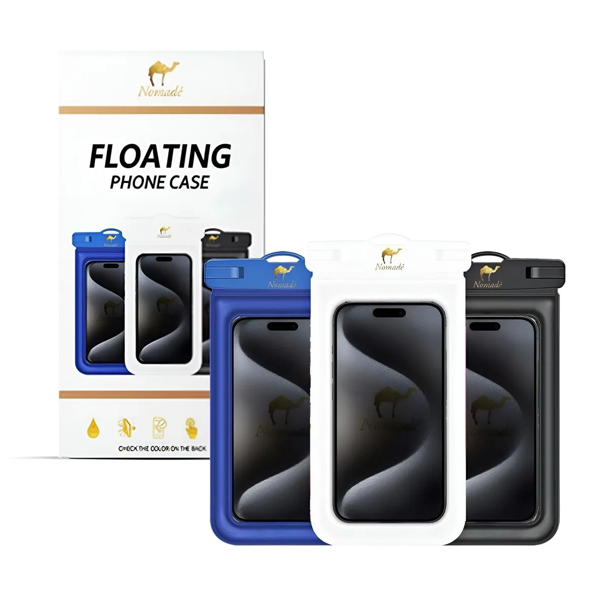 White waterproof floating phone pouch with clear front, adjustable lanyard, fits devices up to 7 inches