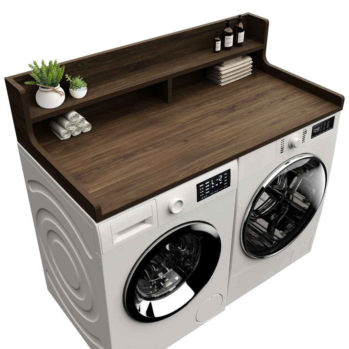 Walnut brown two-tier countertop with raised arc edge sitting on washer dryer