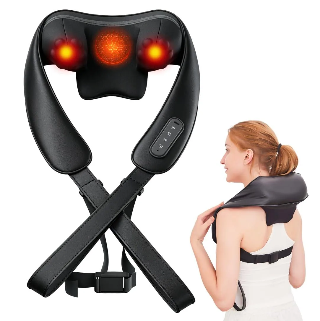 Black cordless neck massager with wrap-around design and heat function