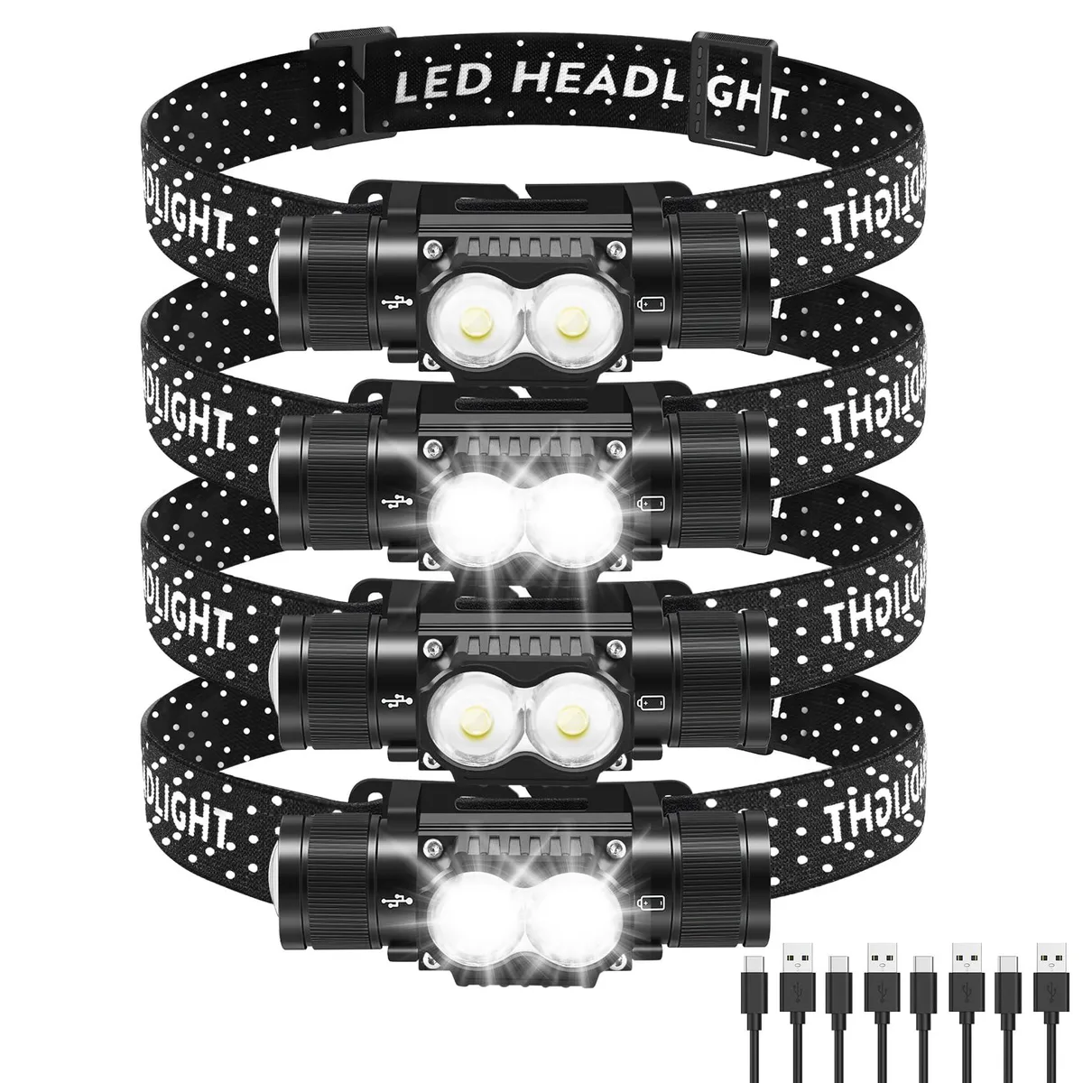 Four black rechargeable headlamps with adjustable elastic straps and USB-C ports