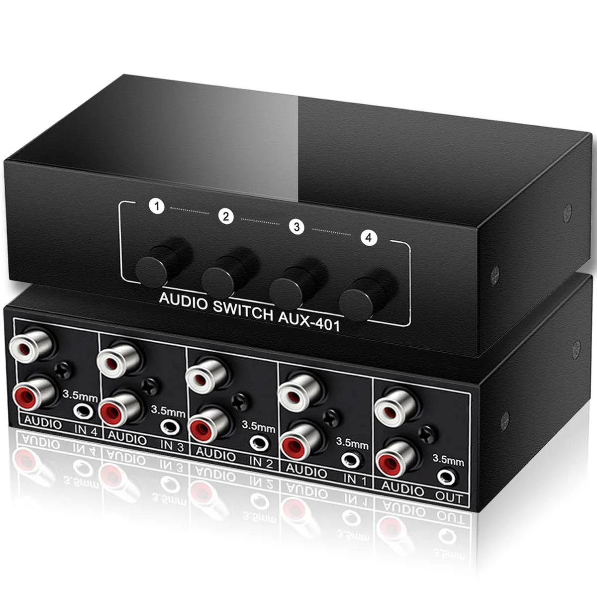 AVer A-401 3.5mm Aux + RCA L/R Bi-Directional Stereo Audio Switch 4 in 1 Out — product photo