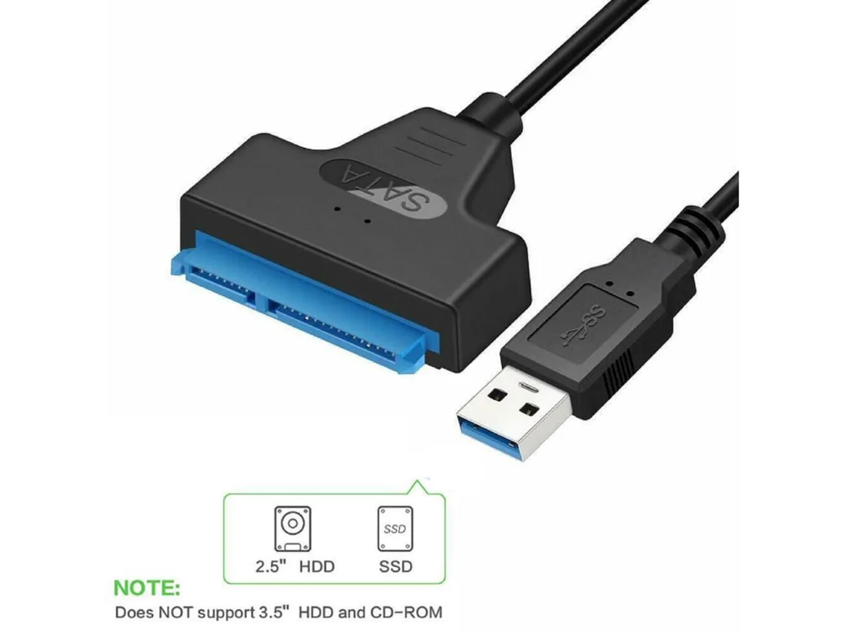 Black USB 3.0 to SATA adapter cable with 22-pin connector and LED indicator
