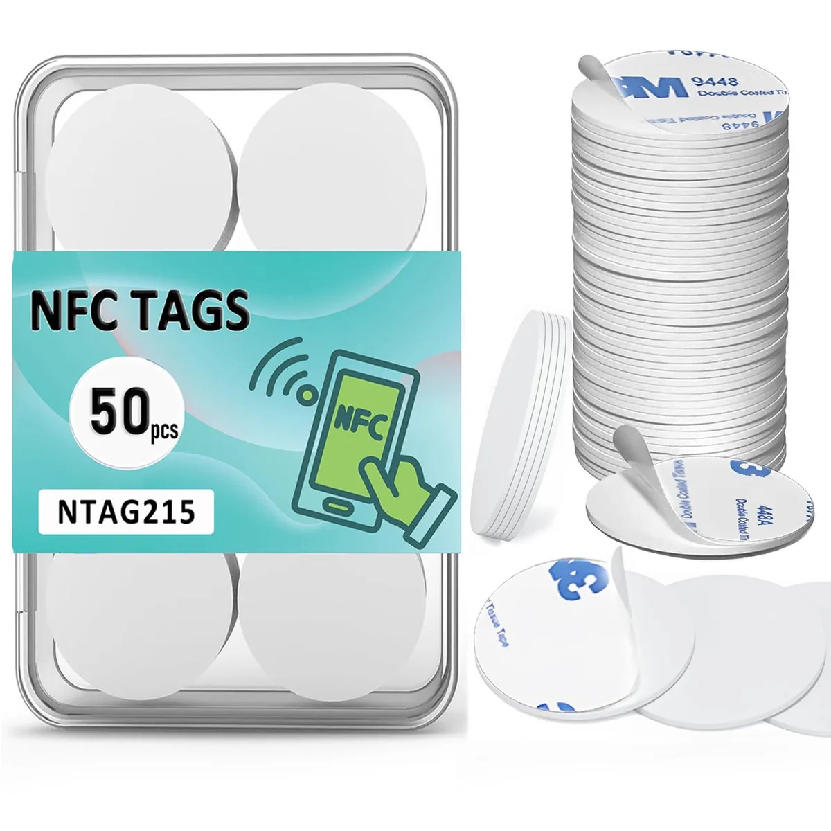 A stack of 50 round white NFC stickers with adhesive backing