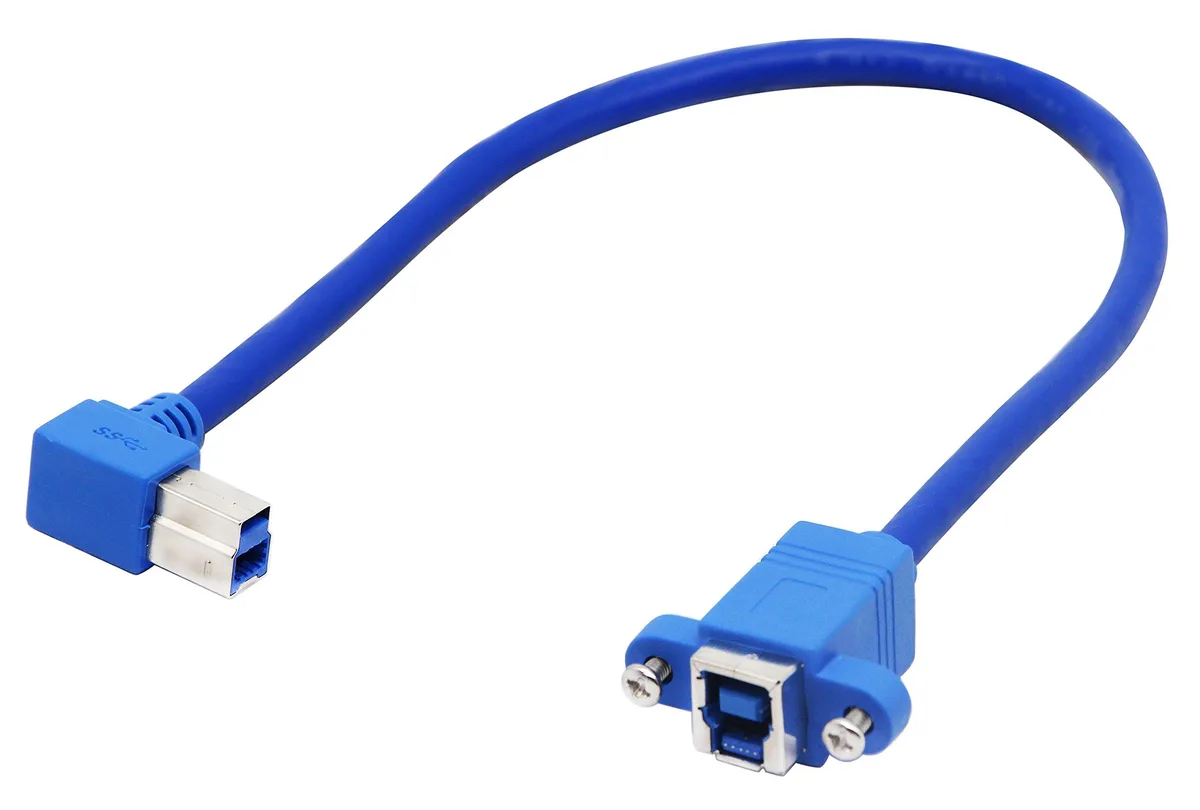 Blue right-angled USB 3.0 Type B male-to-female extension cable with panel mount, 1 ft