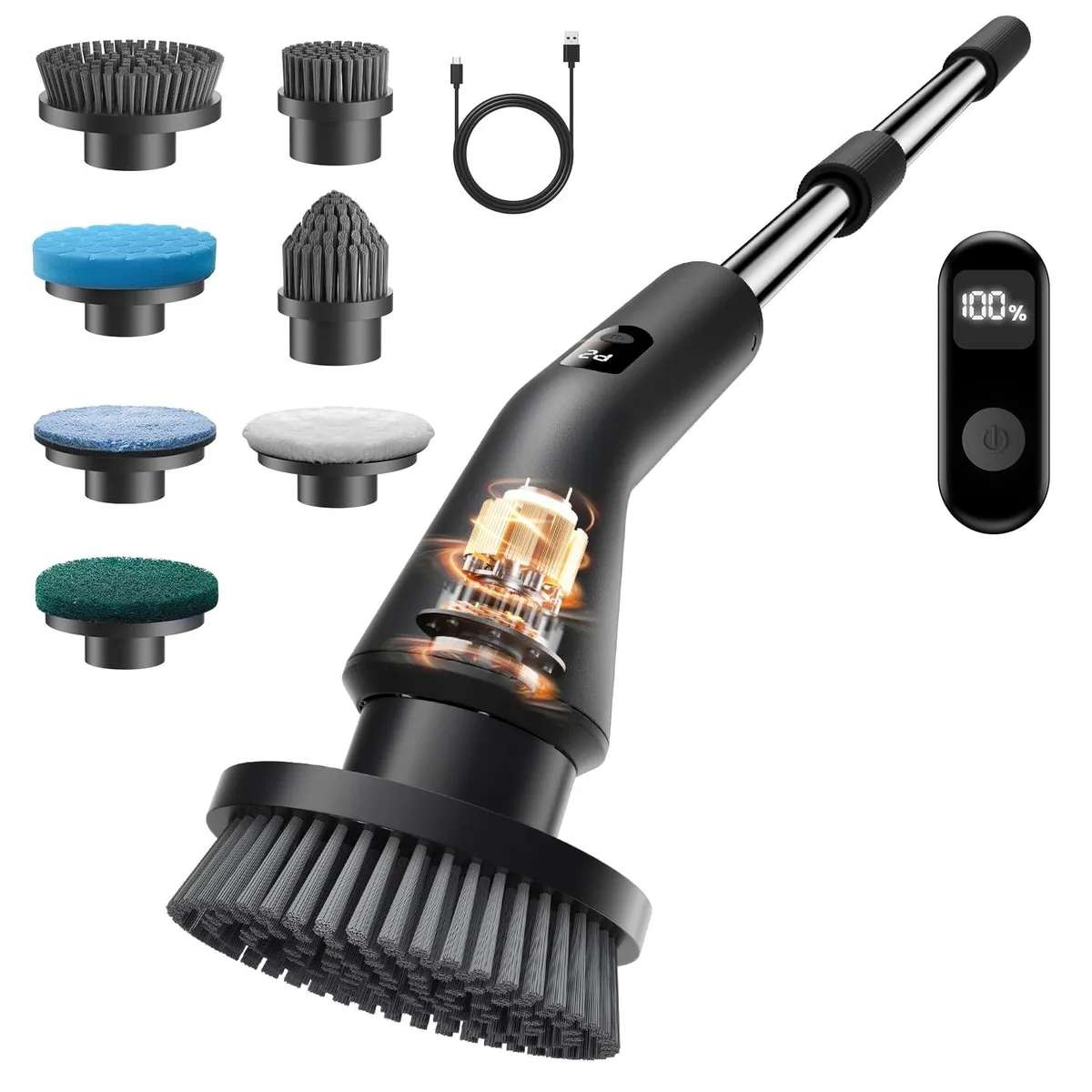 White cordless spin scrubber with extendable handle and multiple brush heads