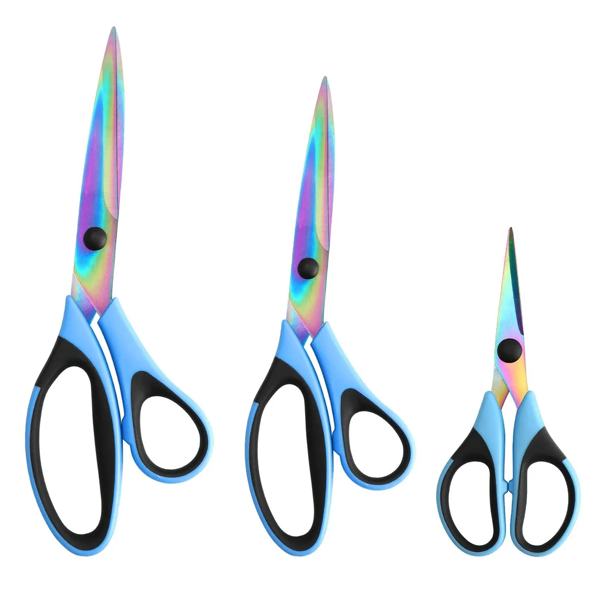 Three blue scissors with titanium-coated blades and rubber grips, sizes 9.3, 8.5, 5.6 inches