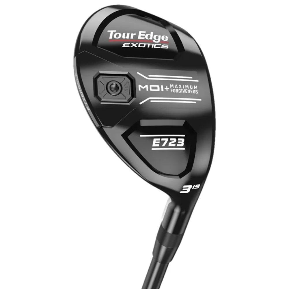 Right-handed Tour Edge Exotics E723 4 hybrid with graphite shaft, black finish and matching headcover