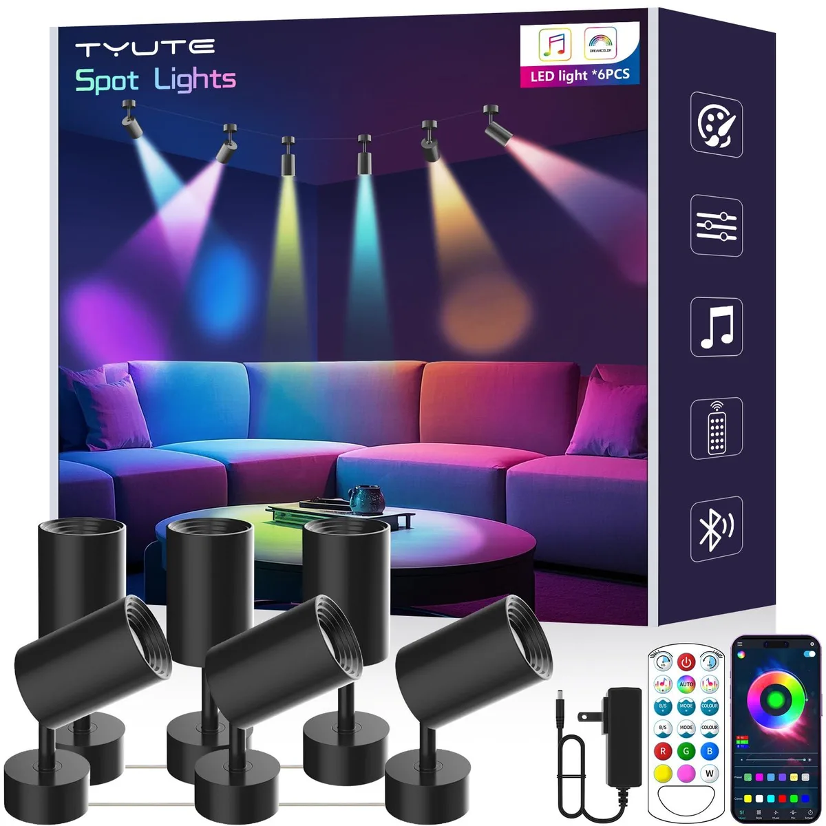 Six white acrylic spotlights on a single cable, each 3.43 inches with clear prismatic lens
