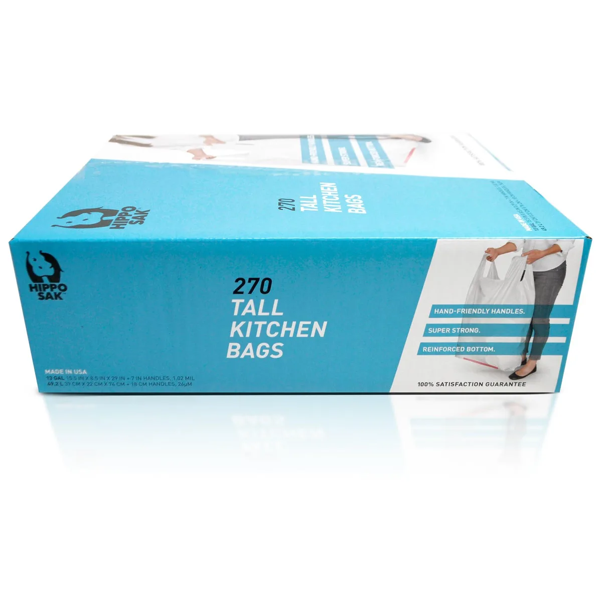 Box of 270 white plastic kitchen trash bags with ergonomic handles