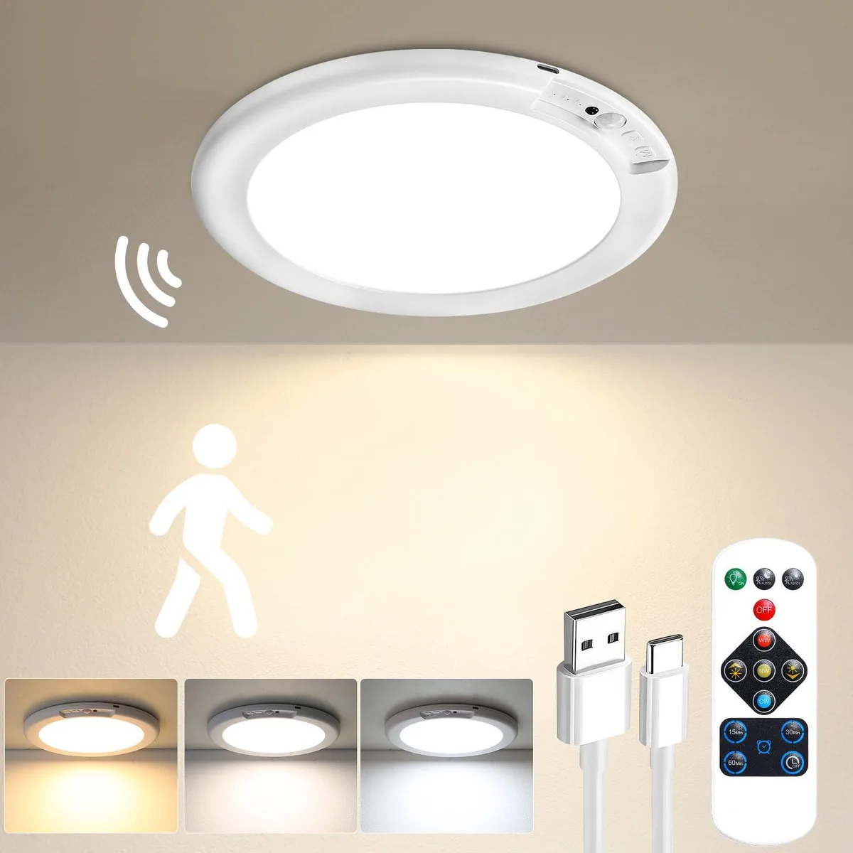 White round LED ceiling light, 7.5in diameter, .5in thick, magnetic mount, remote included