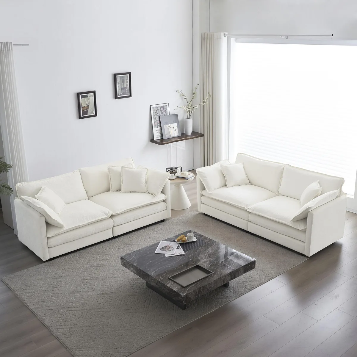 Two-piece white chenille sofa set, modular two-seater units, solid wood frame, breathable fabric