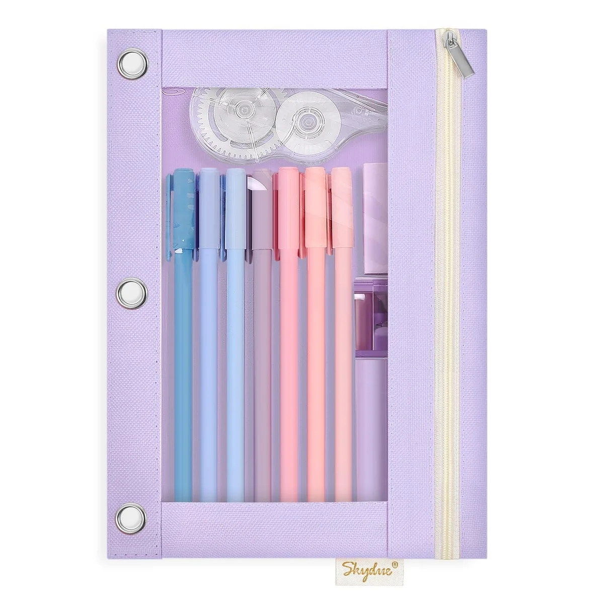 Clear-window pencil pouch with three binder holes and zipper, 9.8 by 7.25 inches