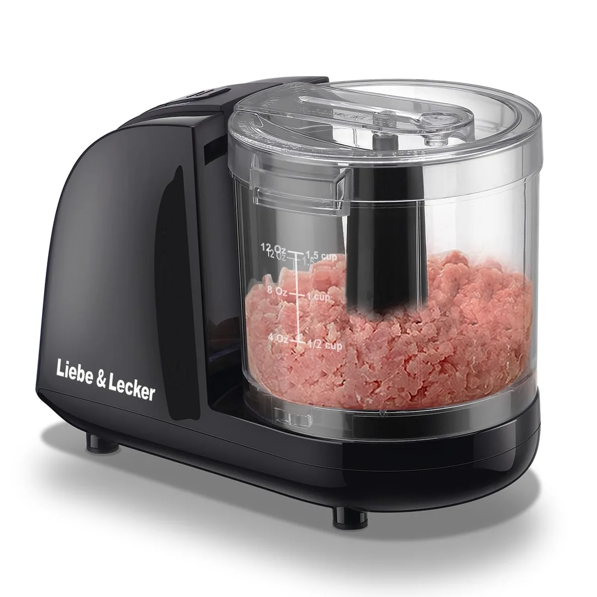 Compact white 1.5 cup mini food processor with stainless steel blades and safety lock lid