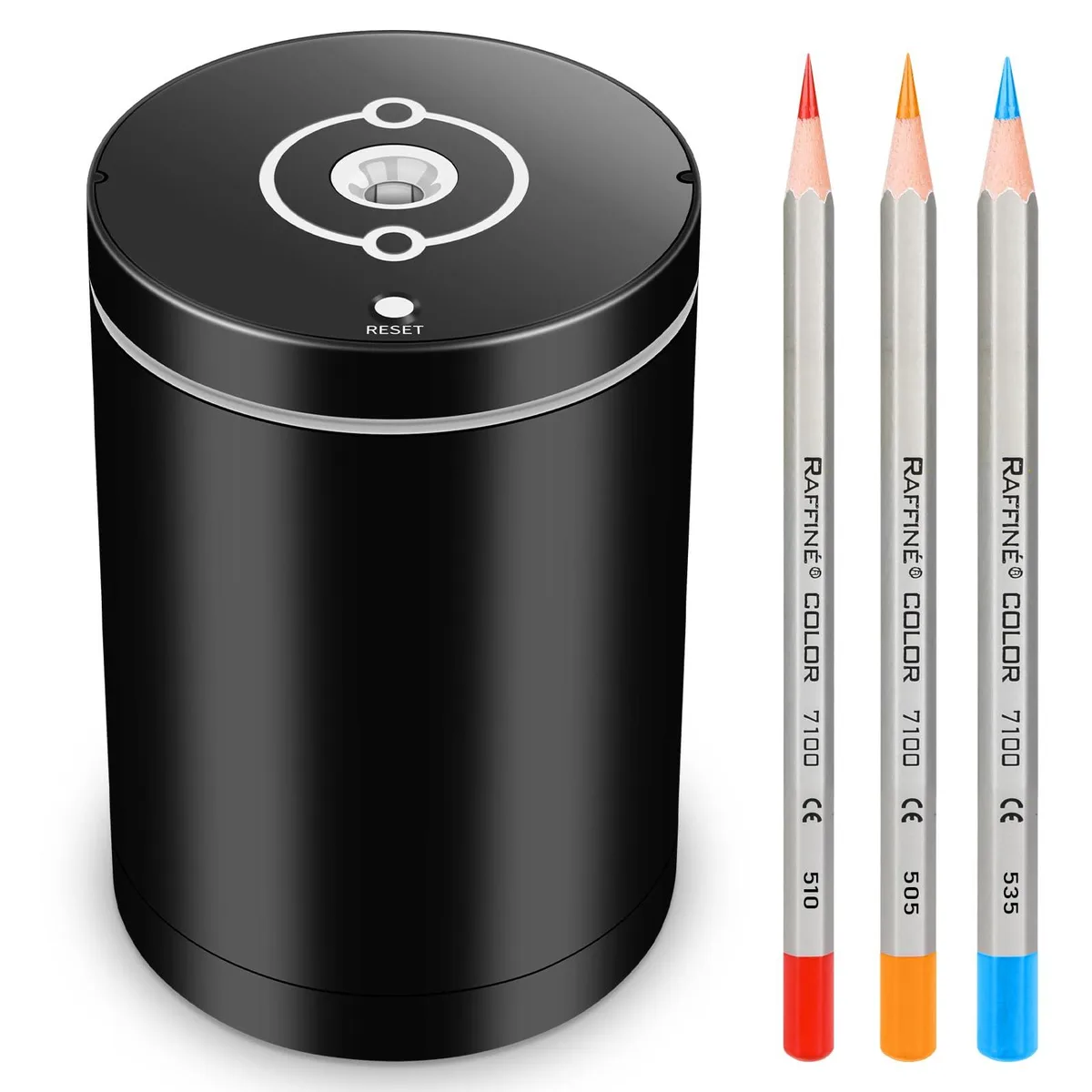 Black rechargeable pencil sharpener, compact rectangular shape, matte finish