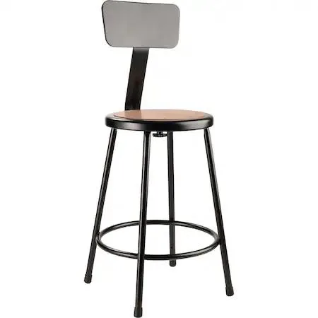 Black round stool with backrest welded tube legs footring 24 inch seat height 37 inch overall height 14 inch seat diameter