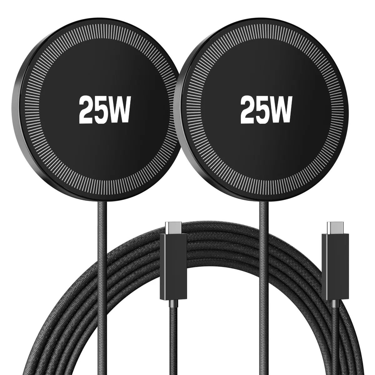 Two slim black magnetic charging pads with braided cables