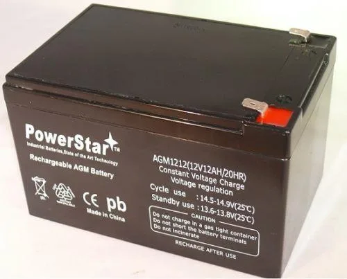 Rectangular sealed lead-acid battery, black plastic case, two terminals on top