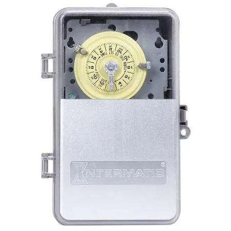Gray polycarbonate enclosure with clear plastic door, surface-mount timer