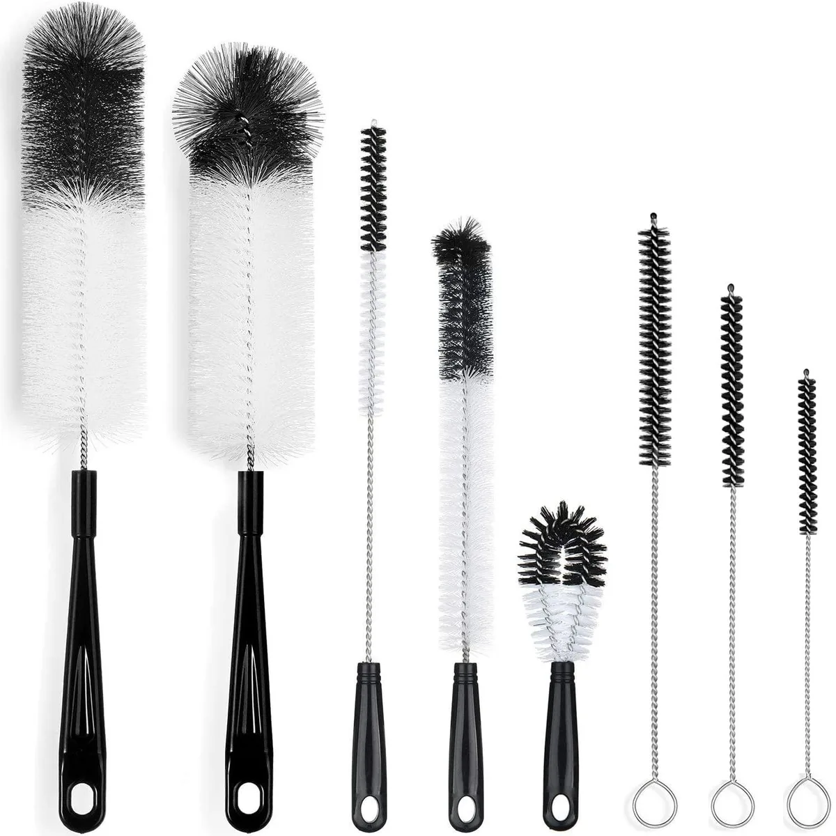 Eight black long-handle brushes in varying lengths with hanging loops