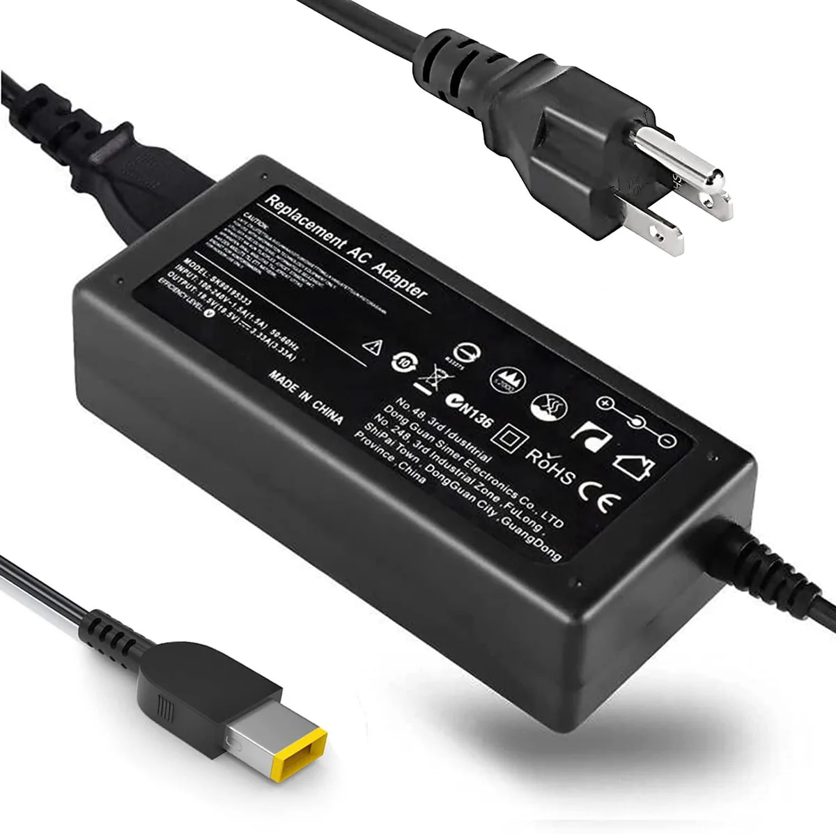 Black rectangular 65W AC adapter with rectangular USB tip and detachable power cord