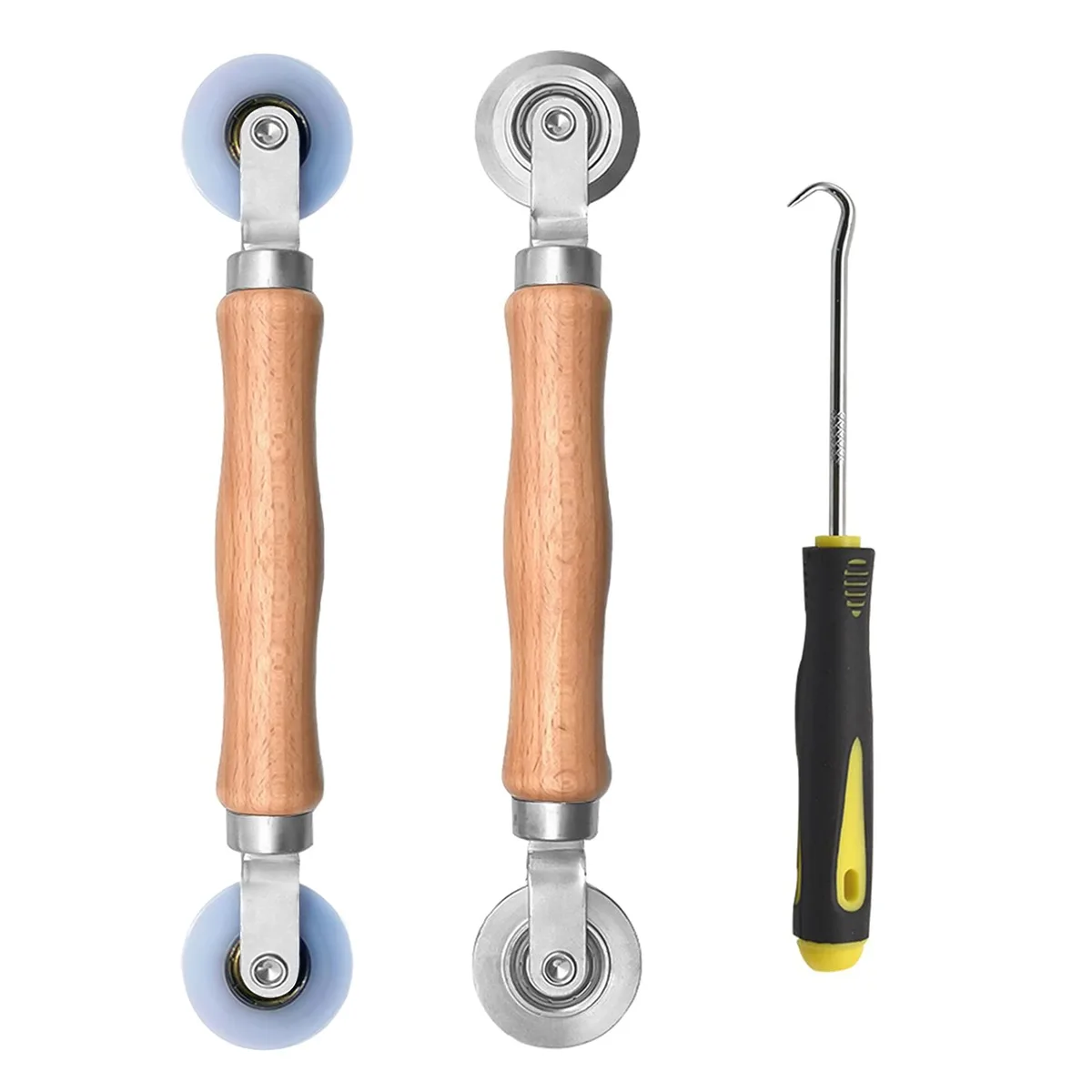 Three screen repair tools with wooden handles and metal rollers