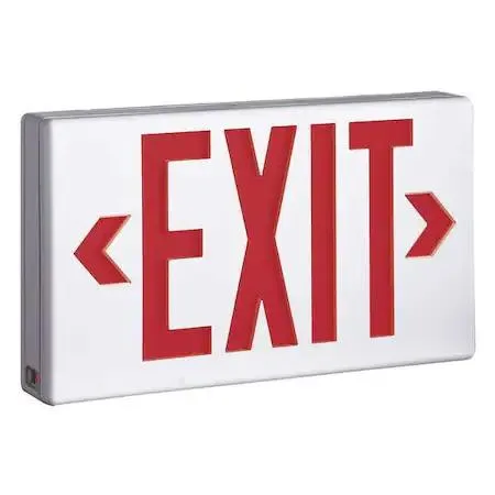 White plastic exit sign housing with red LED letters, universal mount, single or double face