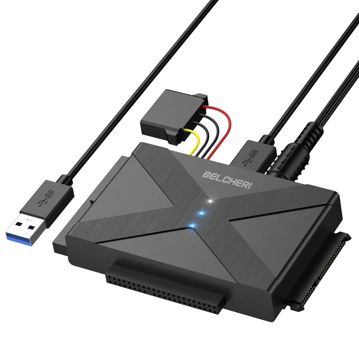 Red USB 3.0 adapter box with SATA and IDE connectors and 12V power supply