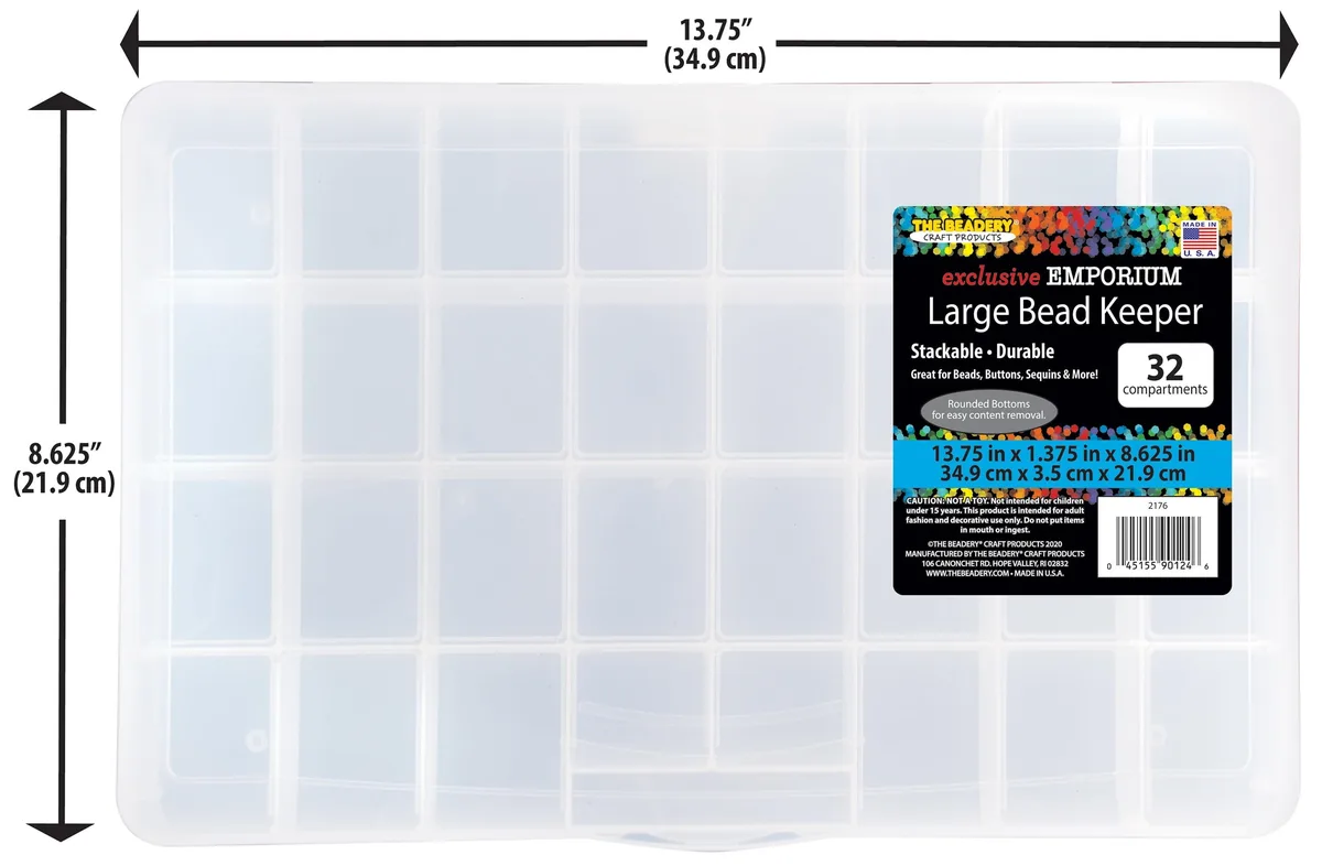 Clear rectangular plastic box with 32 compartments and hinged lid