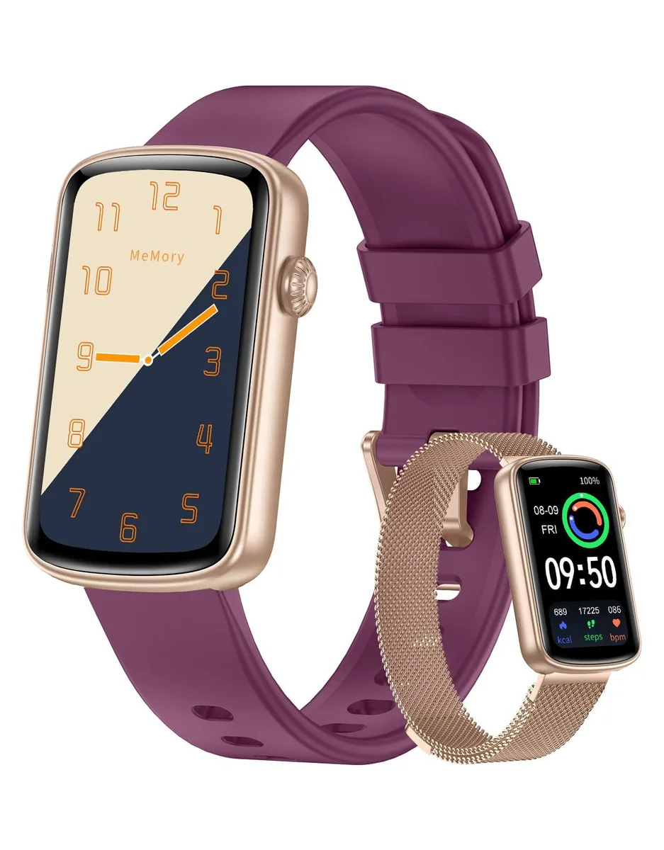 Black rectangular smartwatch with 1.04 inch touchscreen and interchangeable strap