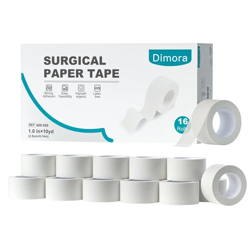 Sixteen rolls of white paper medical tape in a rectangular pack