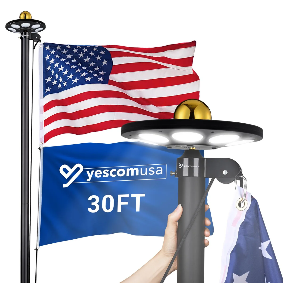 Yescom USA, Inc. Yescom Bravery 30ft 13Gauge Aluminum Flag Pole Kit 136 LED Solar Light US Flag — product photo