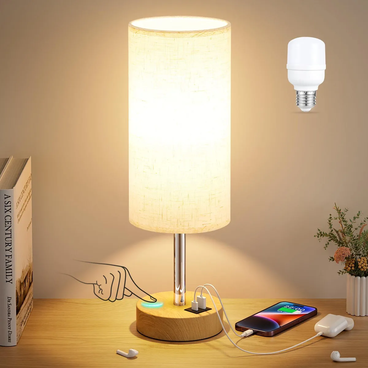 Small round table lamp with linen shade, matte finish, touch switch and USB ports, 14 inches tall