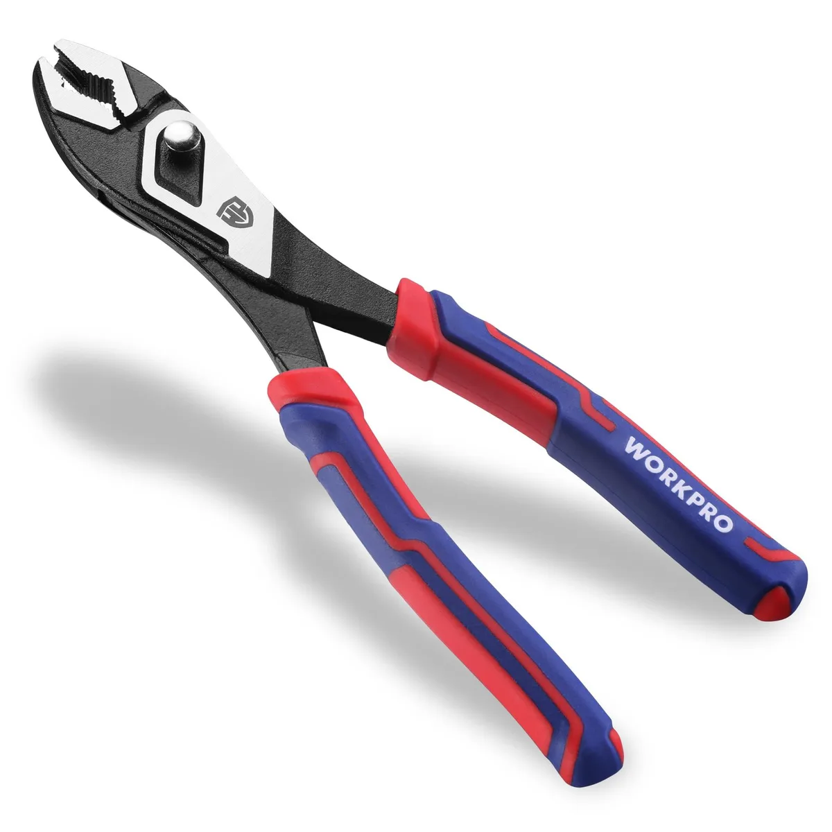 Blue 8.5 inch slip joint pliers with black oxide jaws and three-colour TPR handles