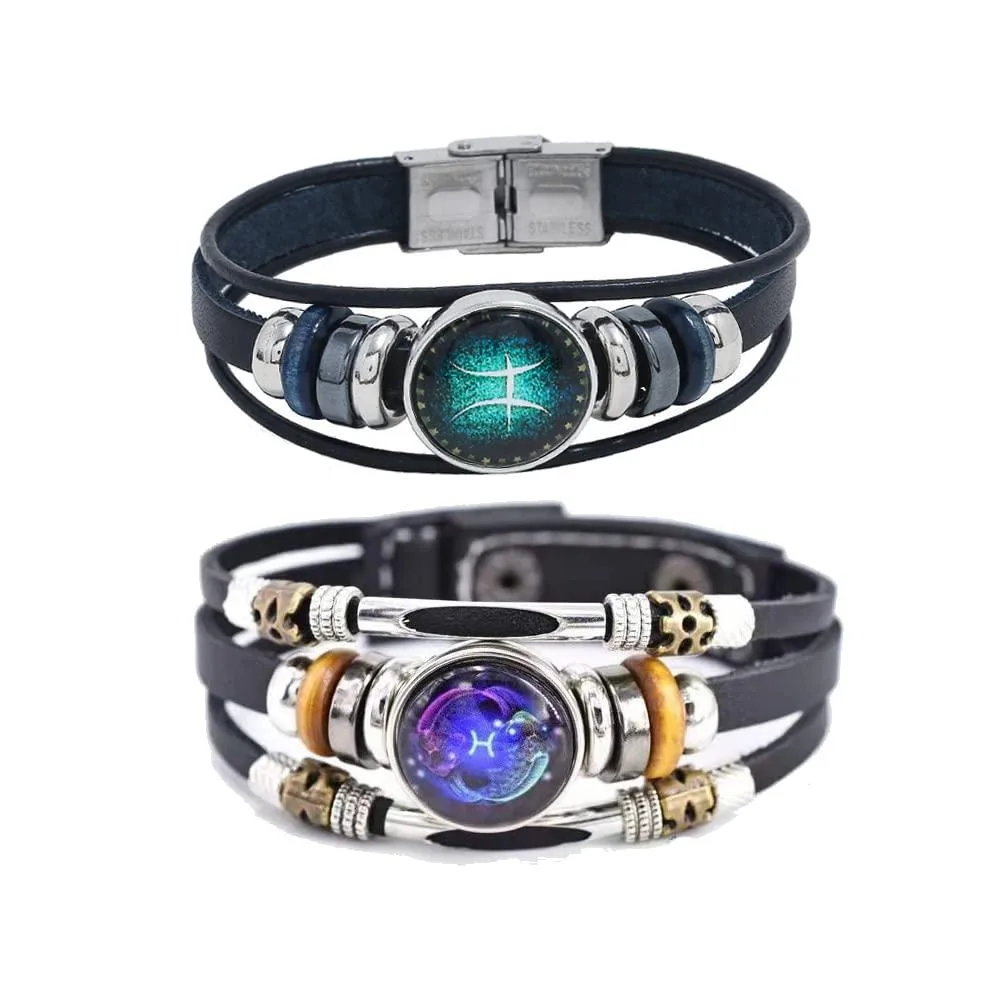 Two Pisces zodiac leather wrap bracelets with rhinestone detail, adjustable 8.26 and 8.5 inches