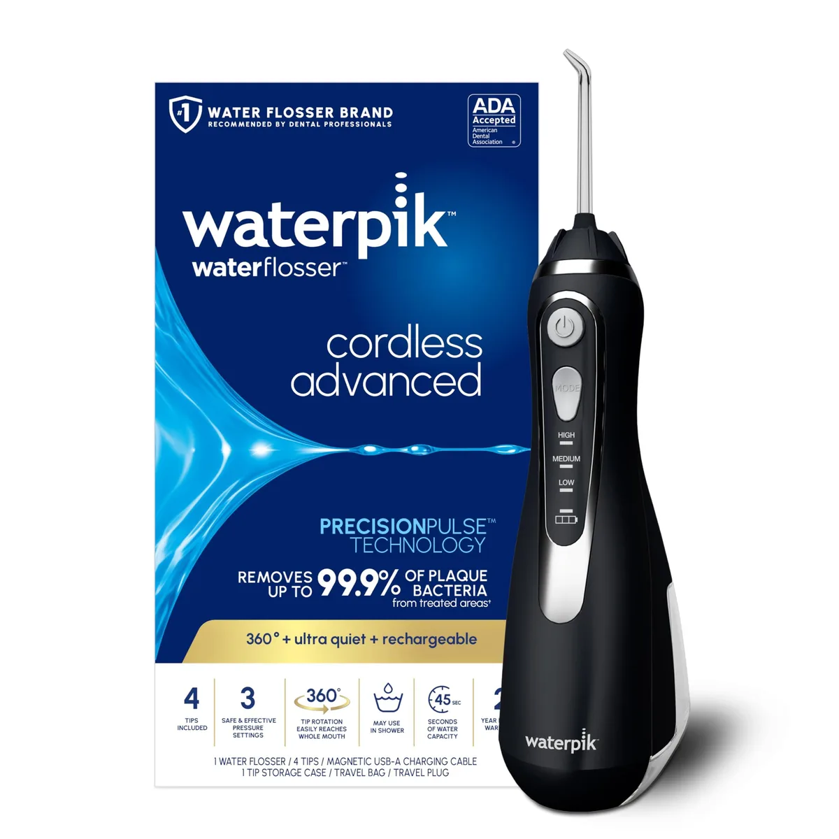 Black cordless water flosser with removable reservoir and magnetic charger