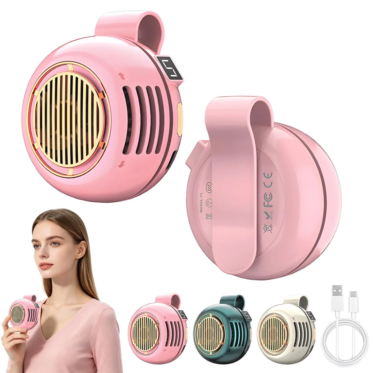 Pink bladeless clip-on fan with display screen, 360 rotatable outlet