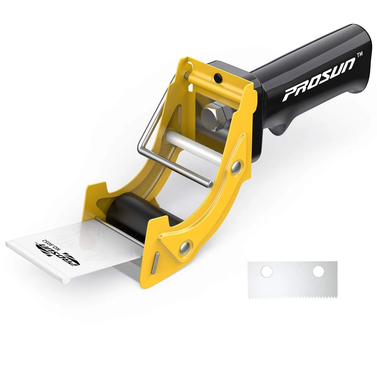 Yellow semi-automatic tape gun with matte black finish and stainless steel metal body