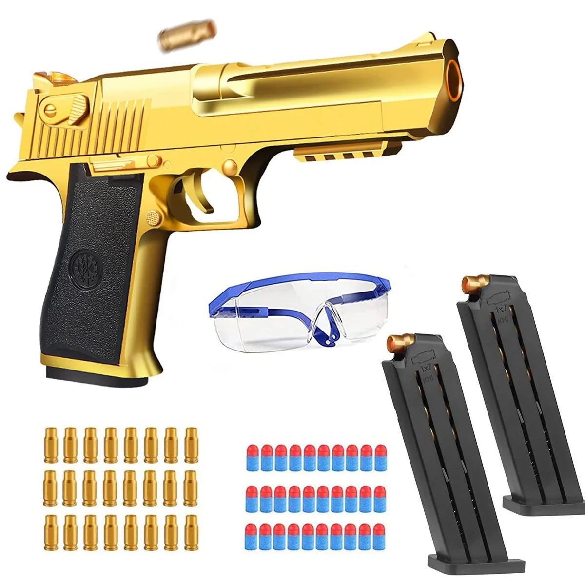  Shooting Toy Pull Back Action Foam Blaster Gold 30 Soft Bullets 24 Shells — product photo