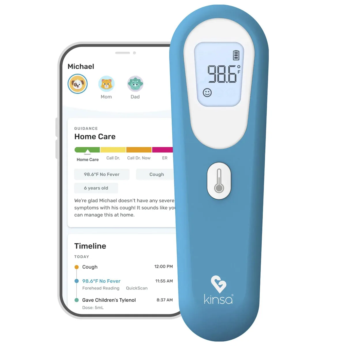 White no-touch forehead thermometer with lighted display and single button