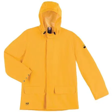 Yellow hip-length rain jacket with attached hood and snap front closure