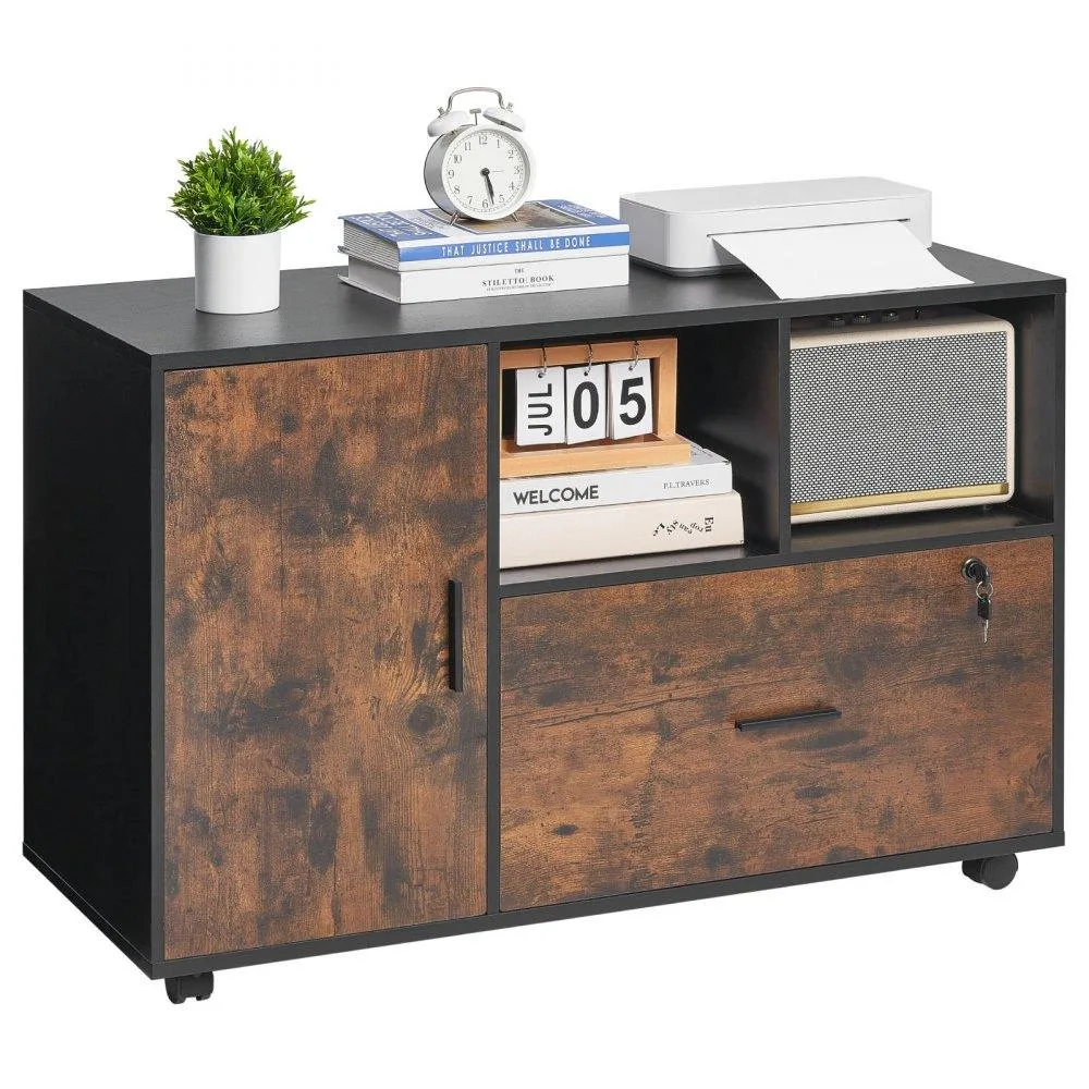 VEVOR VEVOR Mobile Filing Cabinet with Lockable Drawer, Open Shelves, 5 Casters, Rustic Brown, 36.6 x 15.8 x 25 in — product photo