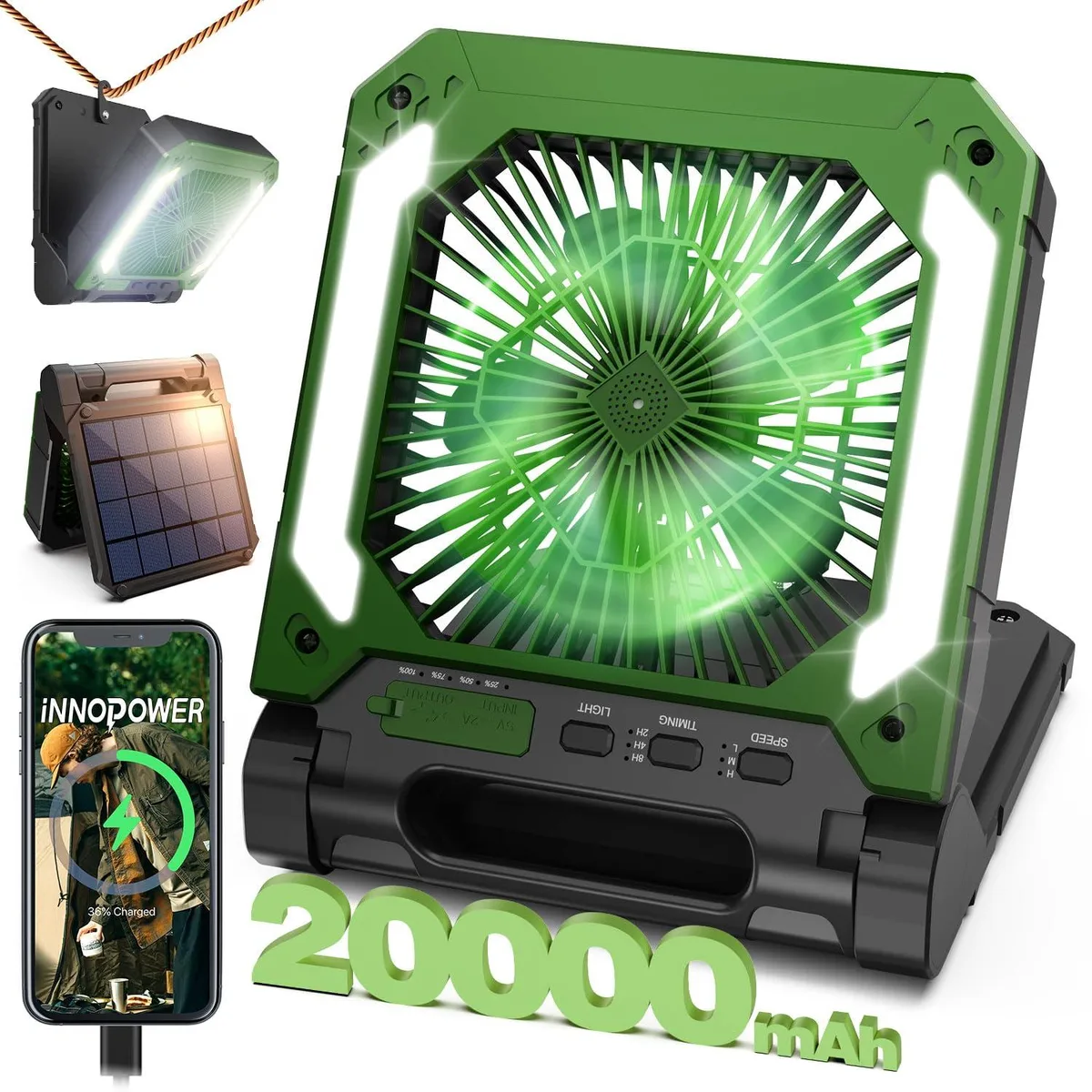 Green portable fan with silver metal blades, fold-out solar panel and built-in lantern