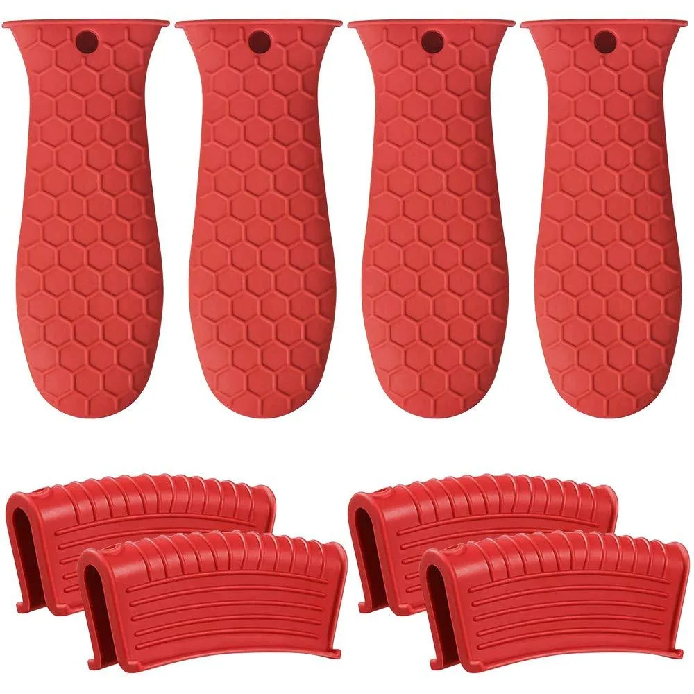 Red silicone cast iron handle cover with ribbed grip and hanging hook