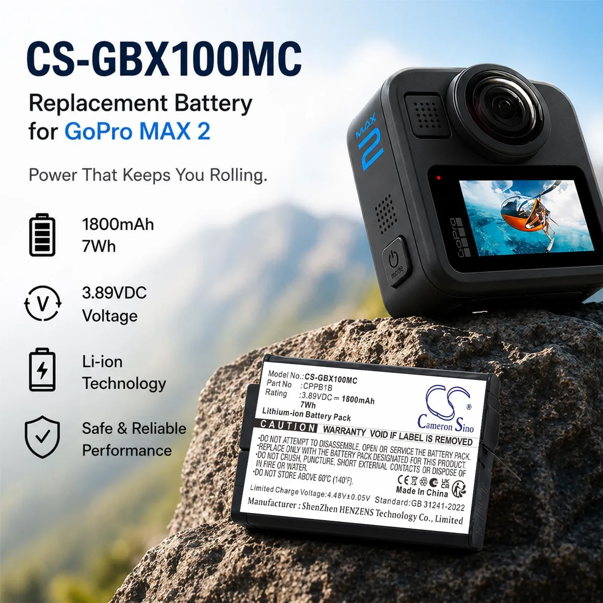  CameronSino CS-GBX100MC 1800mAh 7Wh battery for GoPro Max 2 — product photo