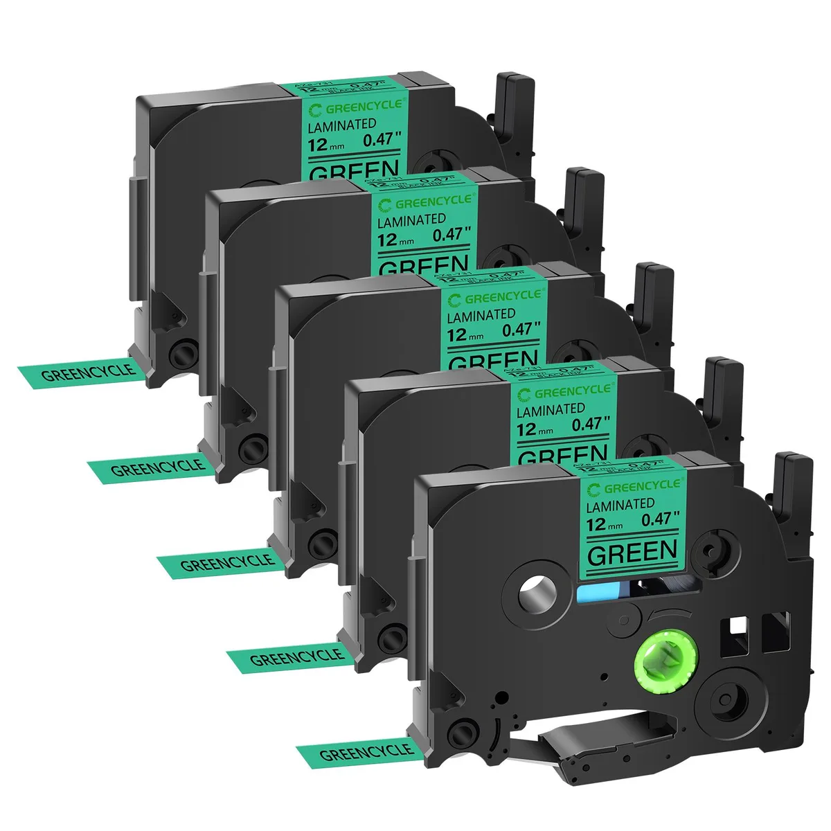 GREENCYCLE GREENCYCLE TZe-731 12mm Black on Green Laminated Label Tape 5 Pack — product photo