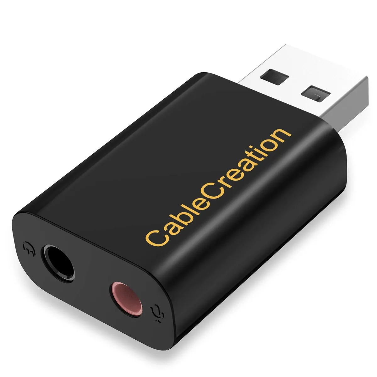 Small black USB audio adapter with two 3.5mm jacks and short cable
