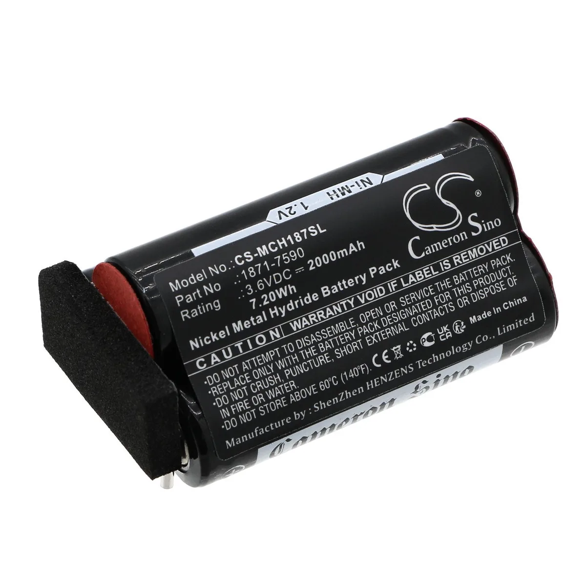 Rectangular replacement battery pack with label showing Cameron Sino branding and model numbers 1871 1872