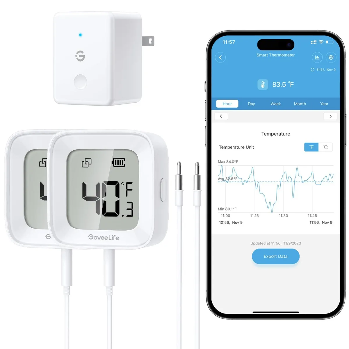 Two white rectangular thermometers with LCD screens and magnetic backs shown with probes and holder