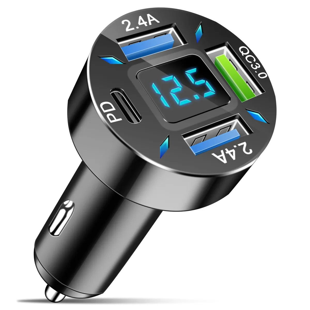 No Sew No Sew 4-Port Car Charger 12-24V 3 USB-A 1 USB-C QC PD Digital Display — product photo