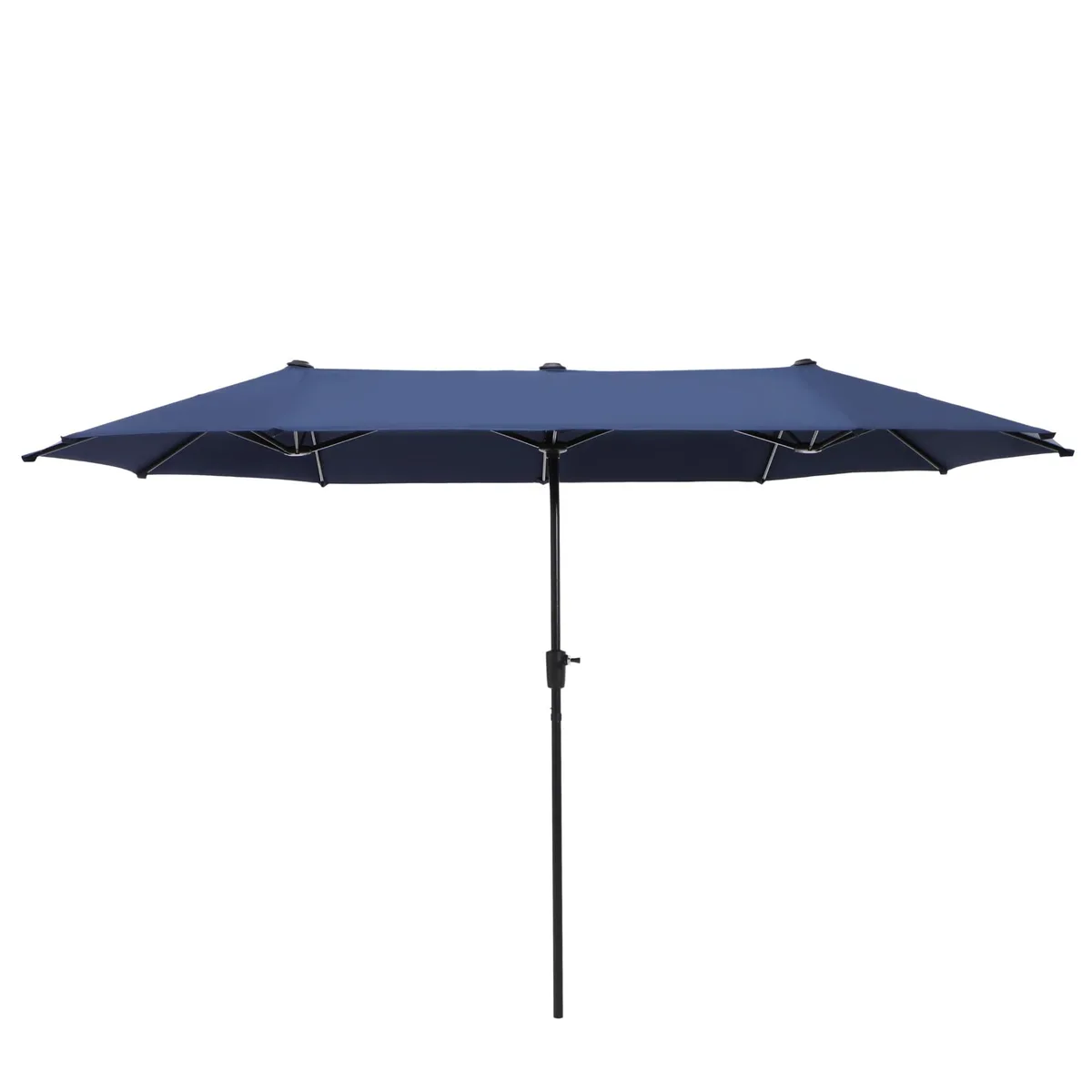 Large rectangular navy blue patio umbrella with steel crank frame, 13 ft canopy
